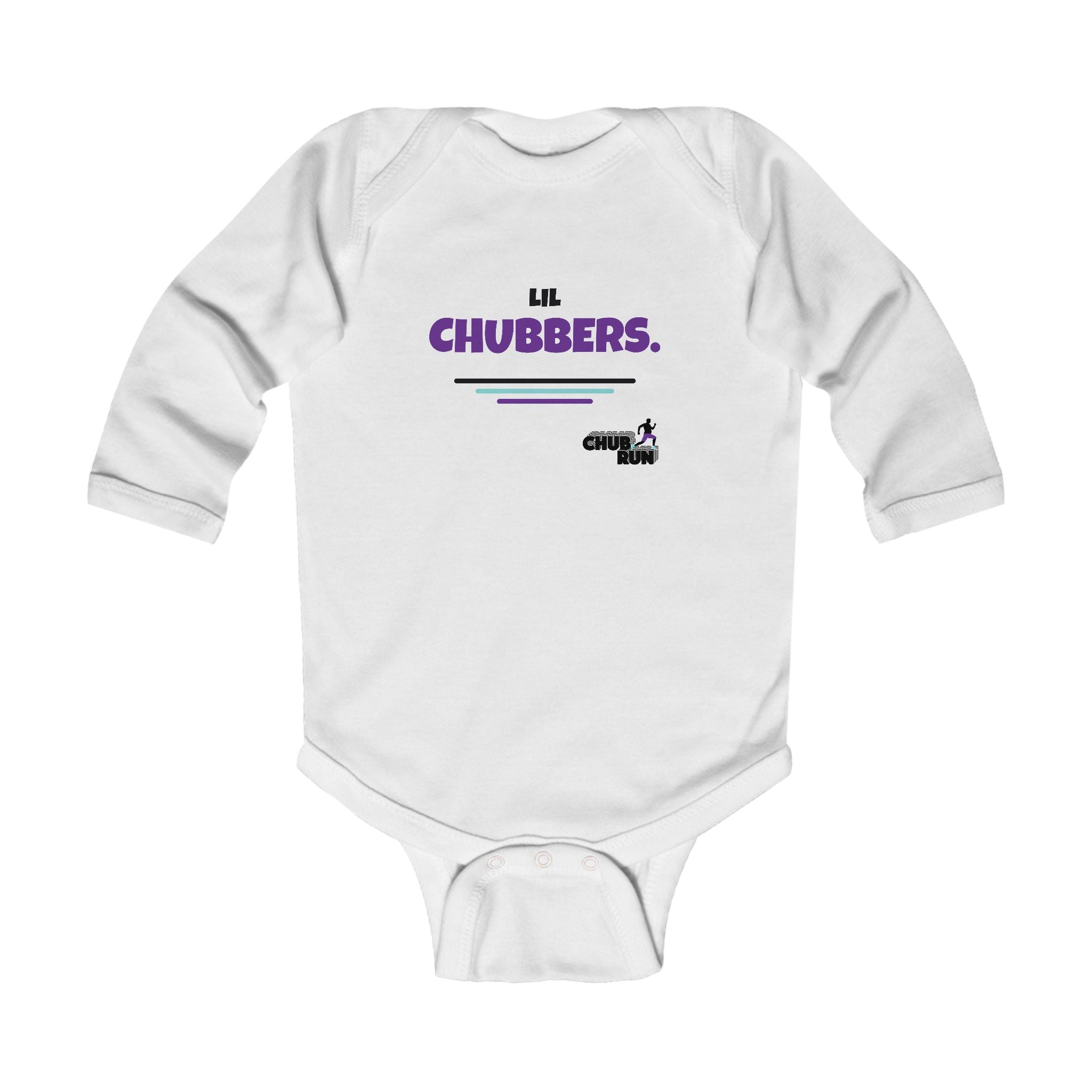 White infant long sleeve bodysuit with Lil Chubbers purple logo print