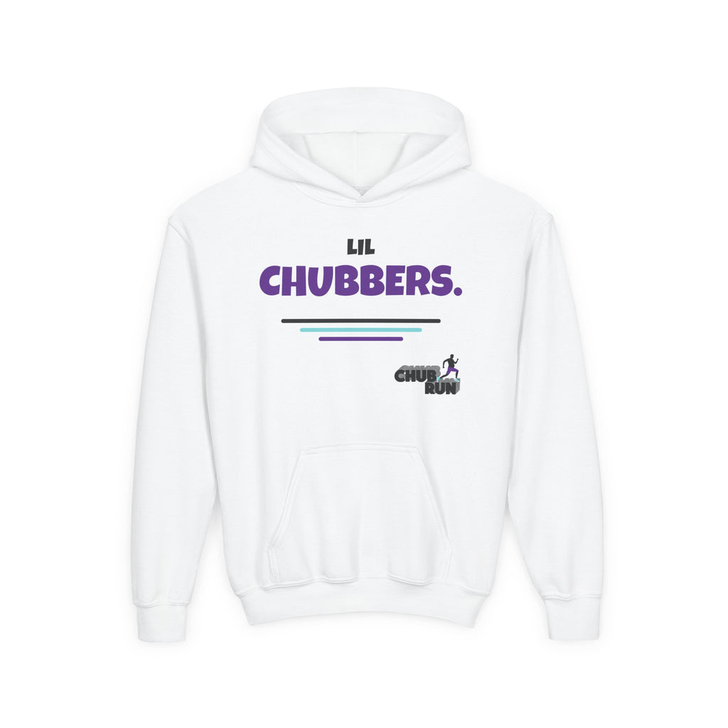 White Lil Chubbers youth hoodie with purple logo and kangaroo pocket