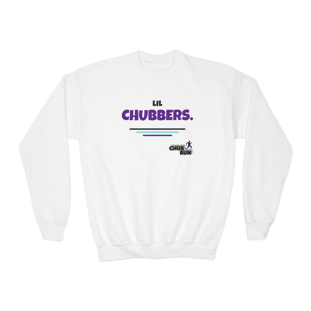 White Lil Chubbers youth crewneck sweatshirt with purple retro graphic