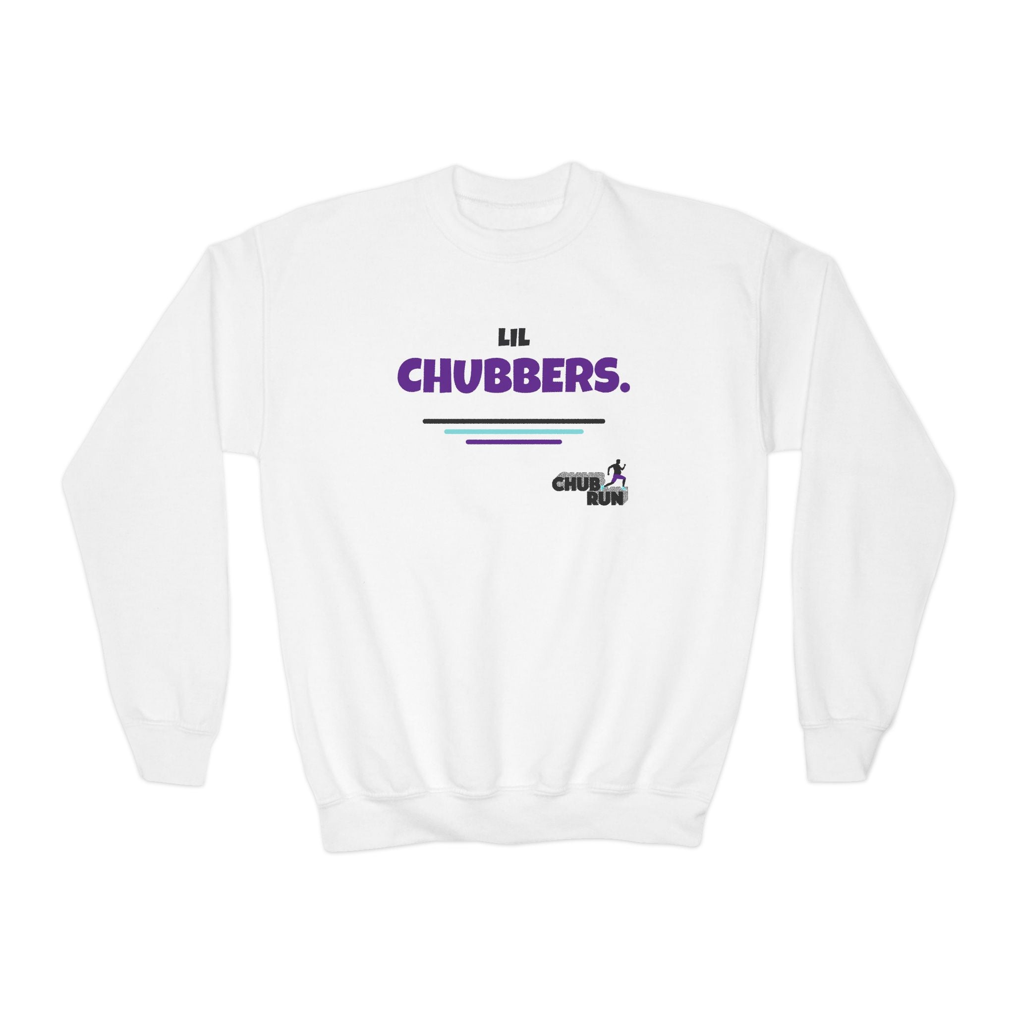 White Lil Chubbers youth crewneck sweatshirt with purple retro graphic