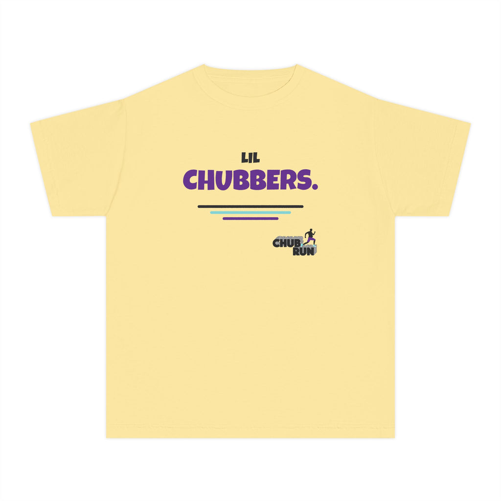 Yellow Lil Chubbers youth tee with chunky purple retro logo across chest