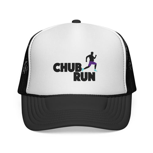 Black and white Chub Run trucker hat with runner silhouette graphic on foam front
