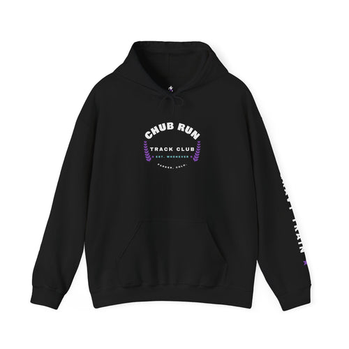 Black Chub Run hoodie with white circular Chub Run Track Club logo on chest