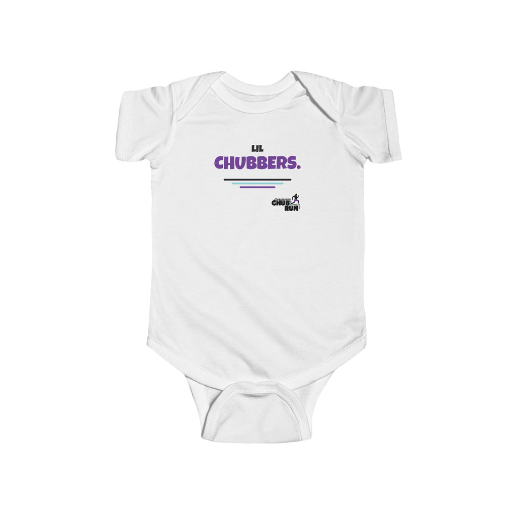 White Lil Chubbers infant bodysuit with purple retro logo and Chubrun mark