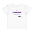 White Lil Chubbers toddler tee with purple retro logo and speed lines