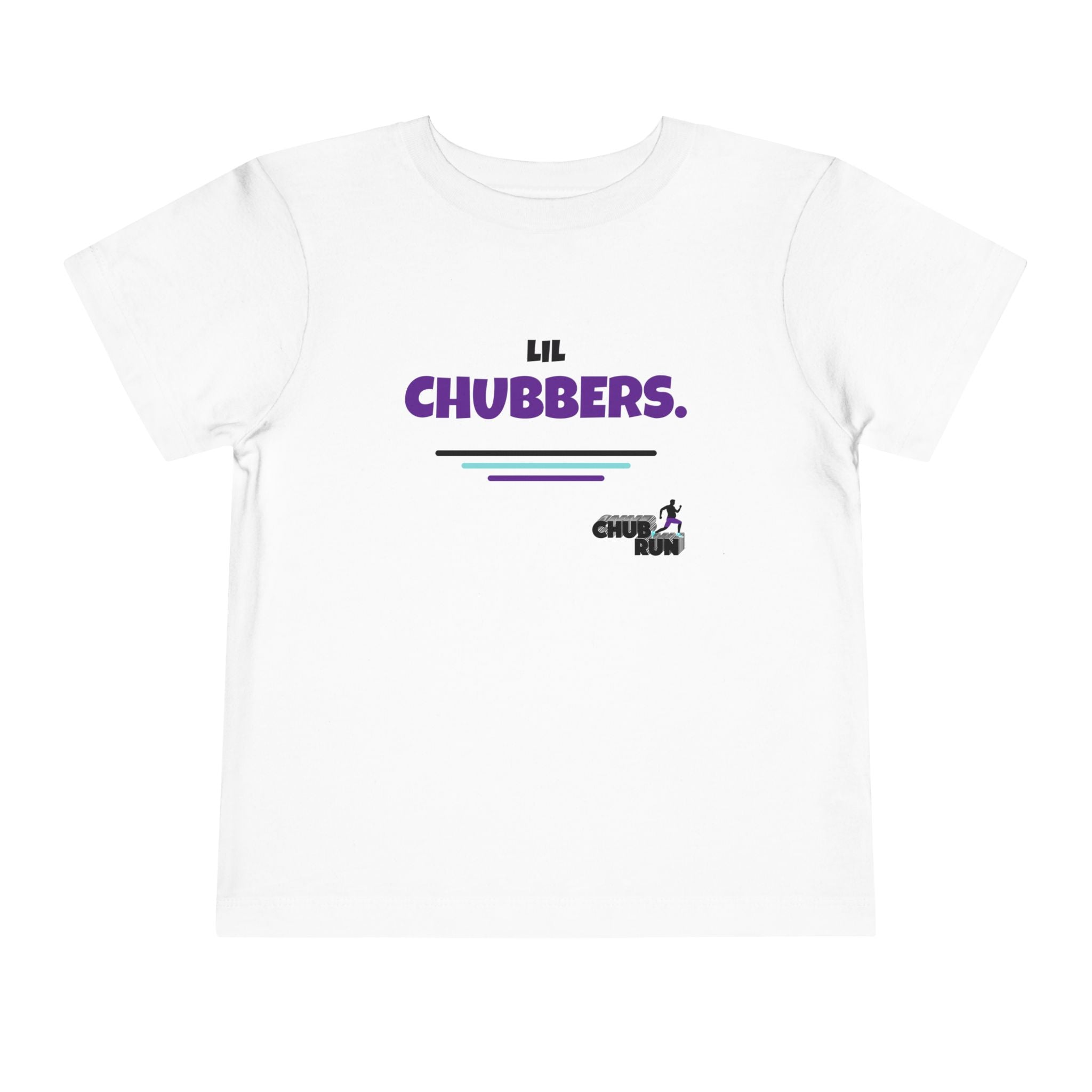 White Lil Chubbers toddler tee with purple retro logo and speed lines