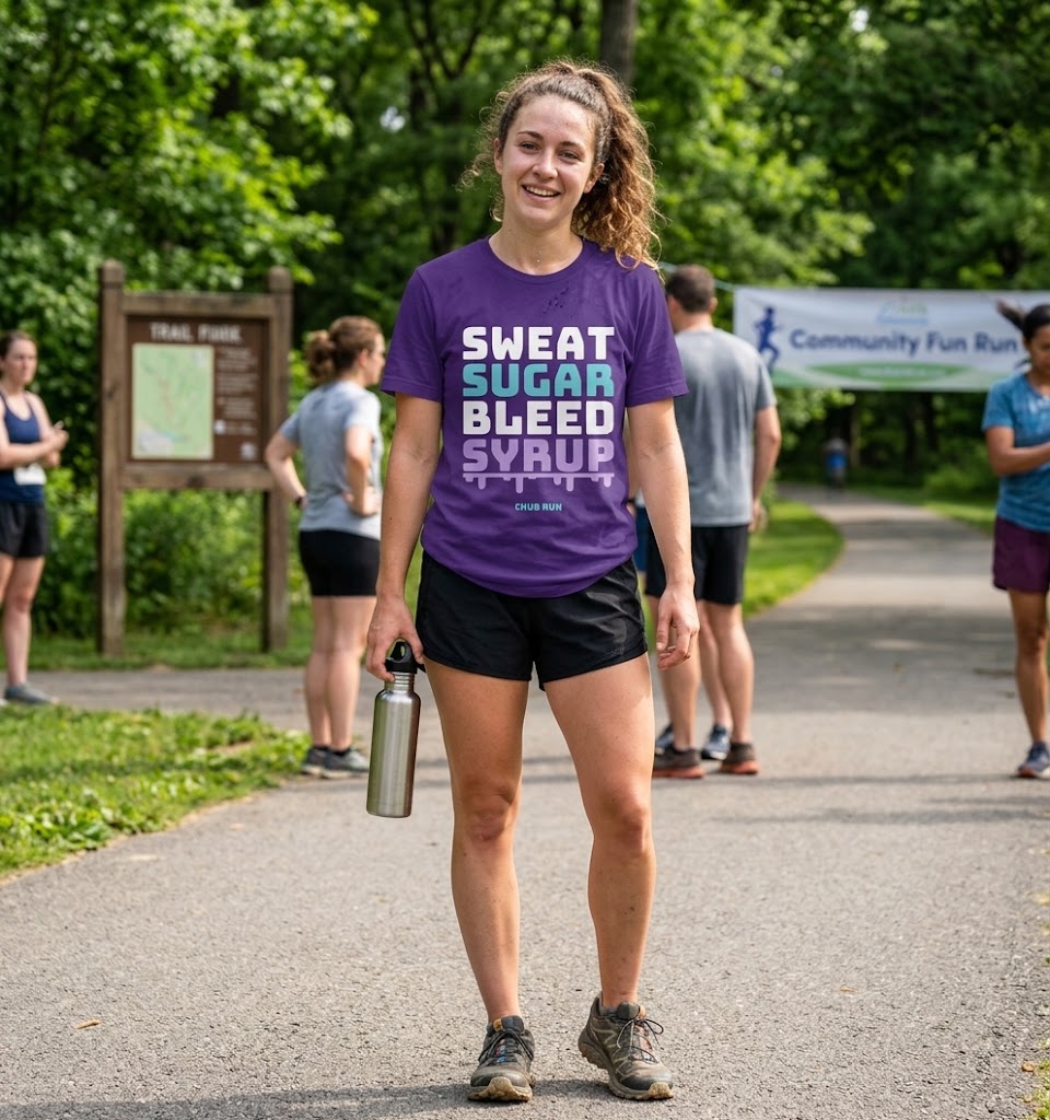 Runner wearing the purple Chub Run Sweat Sugar Bleed Syrup performance tee at a community fun run